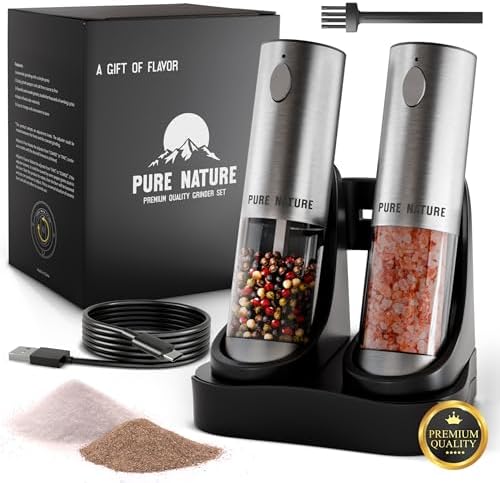 Pure Nature Salt and Pepper Grinder Set – Rechargeable Base, LED Light, Adjustable Coarseness