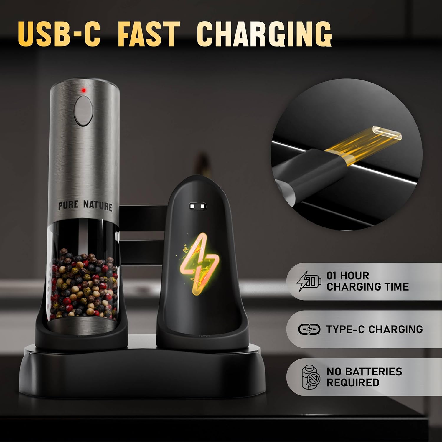 Pure Nature Salt and Pepper Grinder Set – Rechargeable Base, LED Light, Adjustable Coarseness
