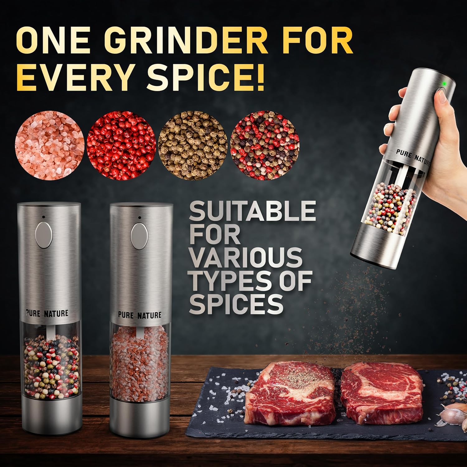Pure Nature Salt and Pepper Grinder Set – Rechargeable Base, LED Light, Adjustable Coarseness